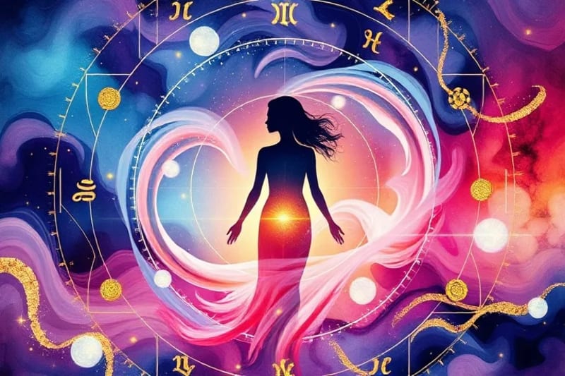 Ethereal human silhouette surrounded by concentric energy rings of varying frequencies.