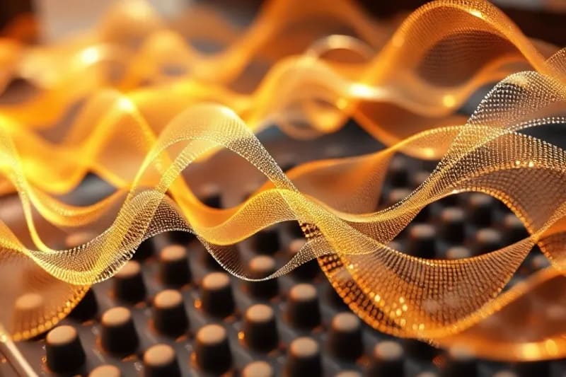 Abstract rendering of intricate sound waves in metallic tones, symbolizing complex vocal melodies and technical skill