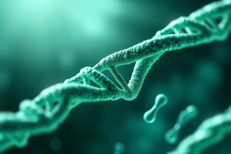 Macro view of a DNA strand subtly vibrating from invisible sound waves.