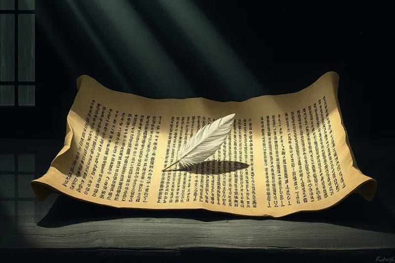 Representación de un pergamino antiguo desenrollándose, mostrando código binario que se transforma en patrones de geometría sagrada, con una pluma luminosa simbolizando el alma.