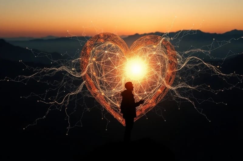 Representación abstracta de datos fluyendo hacia una estructura cristalina que evoca un corazón humano, pulsando con luz interna, rodeado de proyecciones holográficas de textos filosóficos y símbolos espirituales.