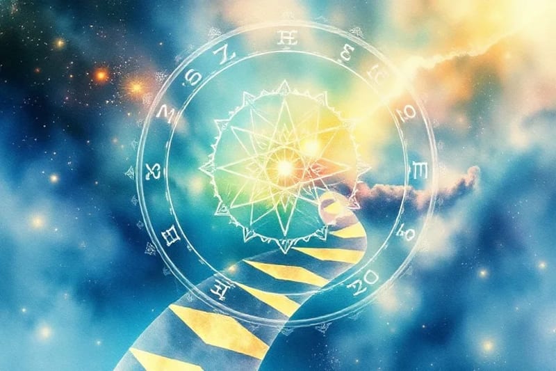 Pintura acuarela abstracta de un camino de luz sinuoso con símbolos numéricos y signos zodiacales integrados, representando el viaje del alma.