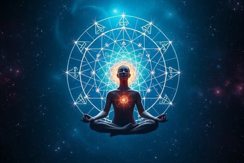 Pintura digital de una figura meditando bajo un cielo estrellado, rodeada de un aura suave, con líneas energéticas que conectan su corazón con estrellas y glifos numéricos.