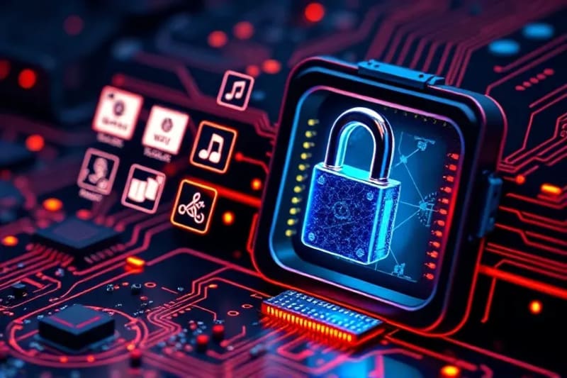 Stylized digital vault with glowing lines connecting to content icons, symbolizing exclusive access.