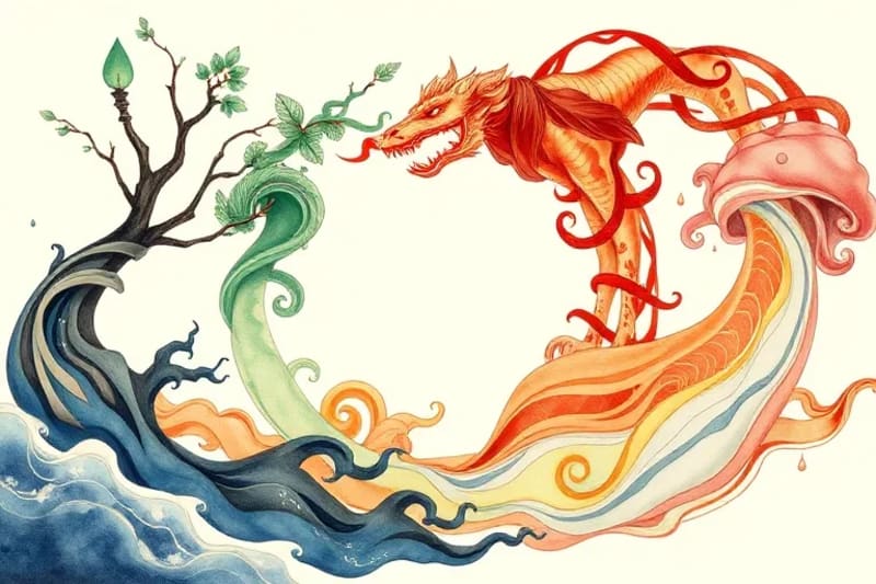 Abstract watercolor of five elements flowing