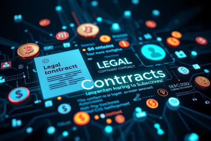 Abstract 3D render of legal documents and digital contracts intertwined with monetary symbols and subscriber icons.