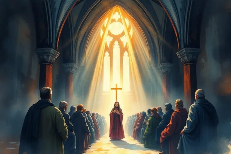 Devoción Secreta: Fe Inquebrantable Pintura acuarela de un grupo de personas orando en secreto en un refugio, simbolizando la resistencia de la fe.