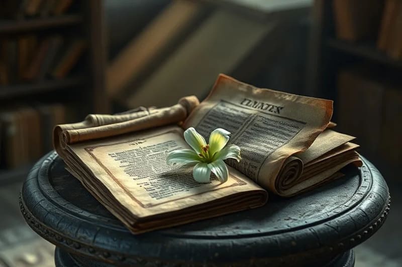 Mensajes Ocultos: Sabiduría Revelada Representación 3D de pergaminos antiguos y libros abiertos con una azucena, simbolizando mensajes divinos y conocimiento oculto.