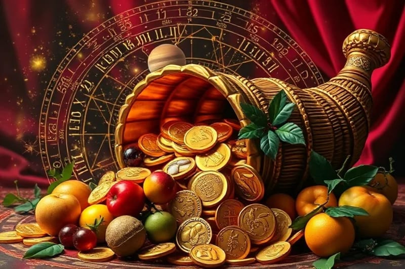 Bodegón digital de una cornucopia dorada desbordante de gemas, monedas antiguas y frutas exóticas, simbolizando prosperidad.