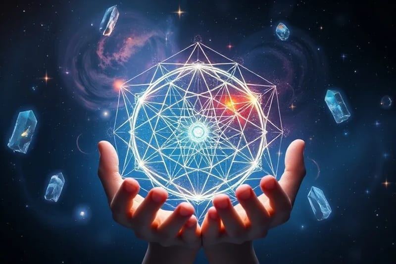Hands holding a glowing crystal grid with planetary symbols for energetic rebalancing