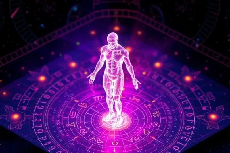 Stylized human silhouette with natal chart overlay transforming into light patterns