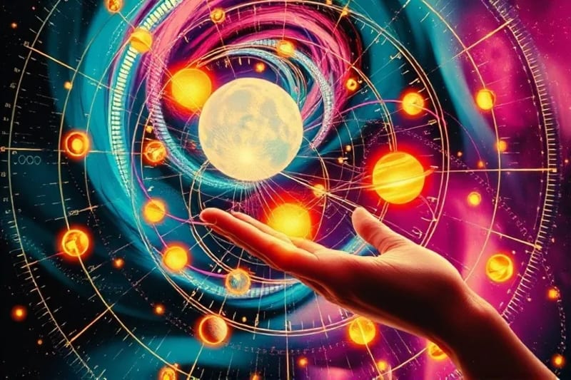 Pintura digital abstracta que muestra hilos de luz cuánticos conectando planetas y símbolos astrológicos dentro de una red digital brillante, con una mano translúcida interactuando con la energía.