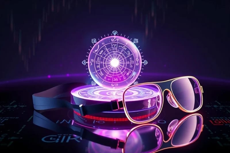 Render 3D de un orbe de cristal futurista flotando sobre la proyección holográfica de una carta natal, rodeado de interfaces digitales y gafas de realidad virtual, en un entorno oscuro y elegante.