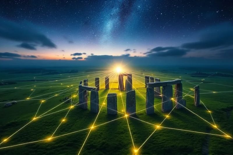 Ancient megalithic structures connected by glowing ley lines