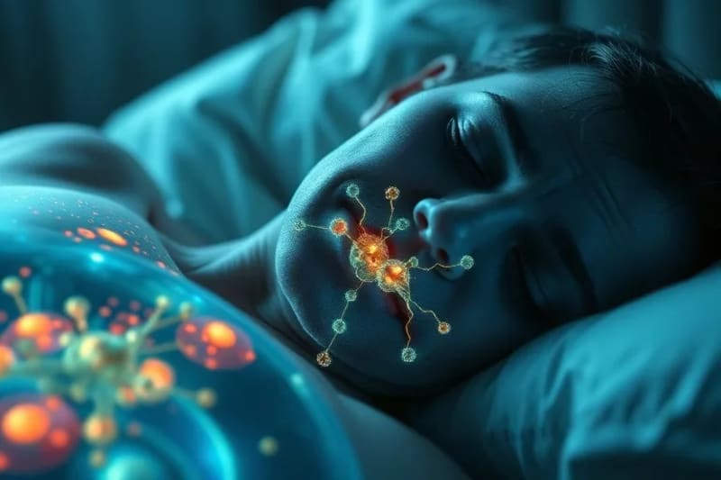 Vista microscópica de fibras musculares regenerándose durante el sueño con actividad celular