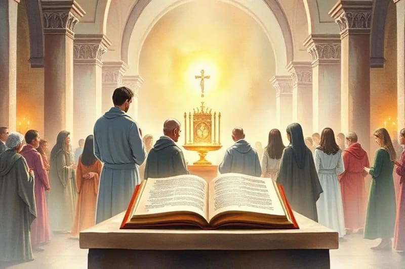 Interior de una capilla serena con fieles en adoración perpetua ante el Santísimo