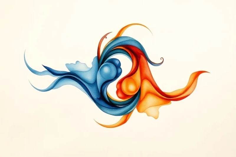 Acuarela abstracta de dos formas fluidas en tonos azules y naranjas entrelazándose, simbolizando el aprendizaje y crecimiento en relaciones kármicas.