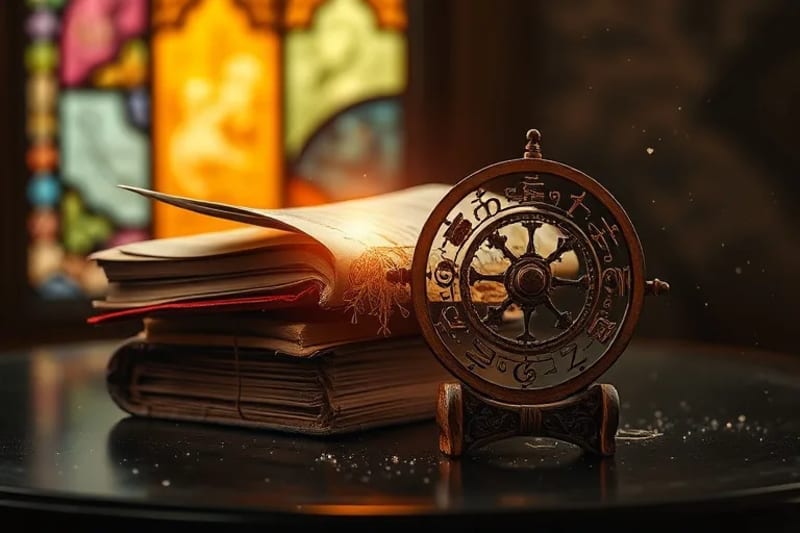 Bodegón digital de textos astrológicos antiguos, una rueda zodiacal de madera y un hilo de luz entrelazado, simbolizando karma, destino y arquetipos.