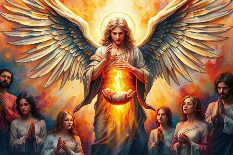 Pintura al óleo de un ángel guardián protegiendo una cuna luminosa mientras personas oran, simbolizando la batalla espiritual.