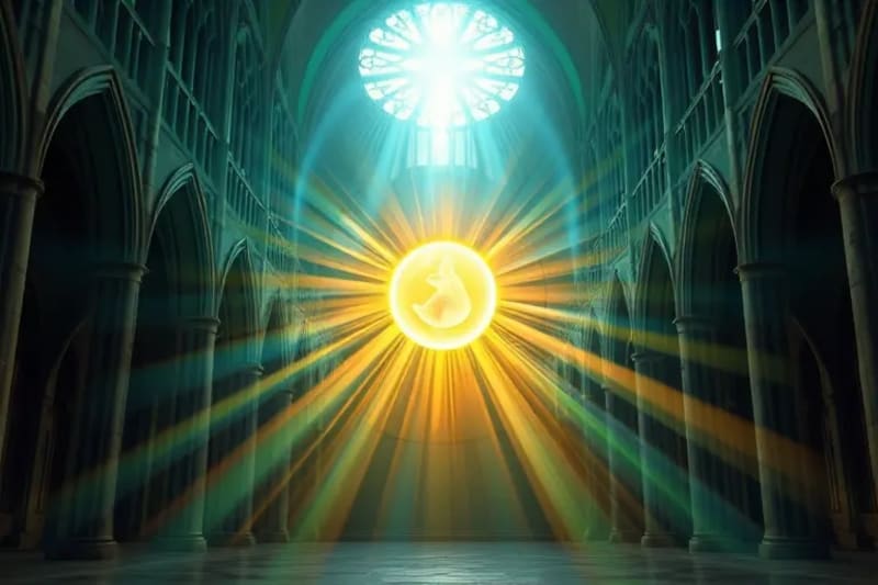Arte digital abstracto con líneas de luz formando un vórtice protector alrededor de orbes con formas embrionarias, simbolizando la energía de la oración.