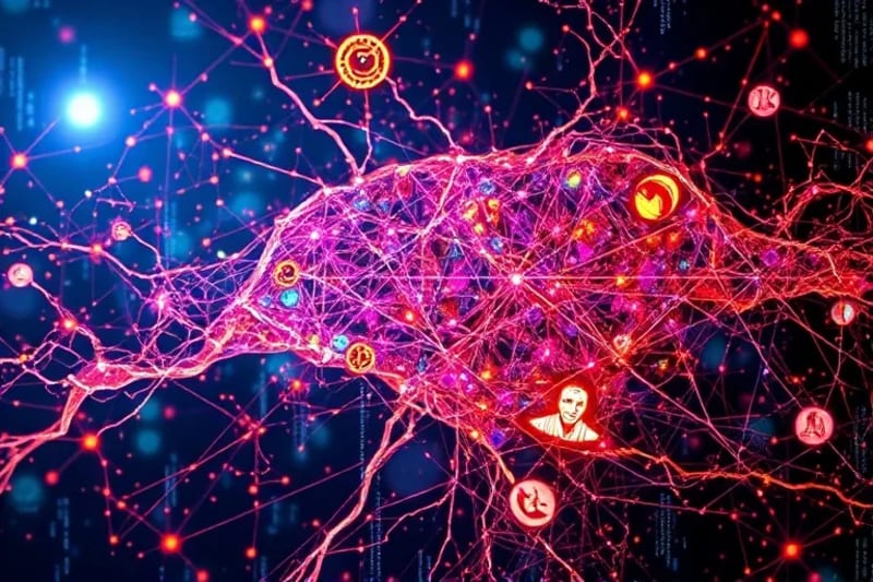 Redes neuronales y símbolos astrológicos entrelazados en una pintura digital abstracta