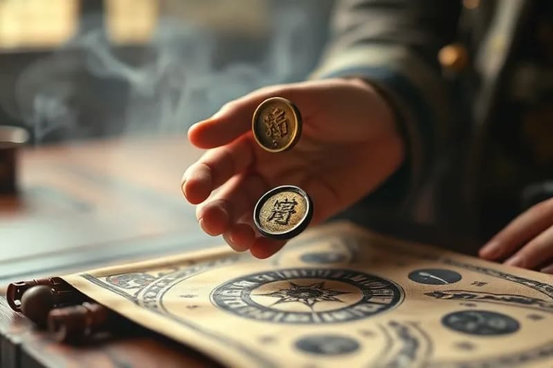 Close-up of hands holding ancient Chinese coins for I Ching divination, with a scroll depicting Chinese Zodiac animals in the background
