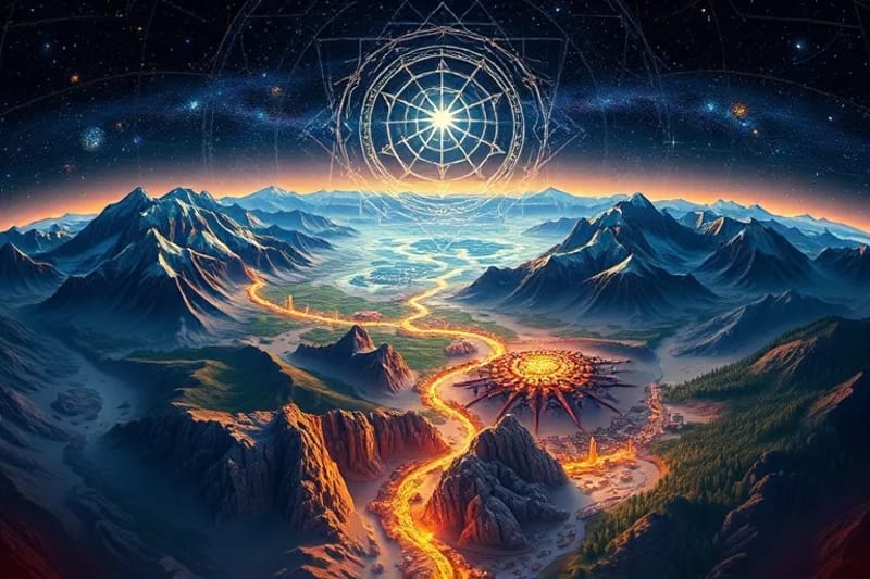Digital painting of a detailed life map with winding paths, symbolic milestones, constellations, and a guiding star.