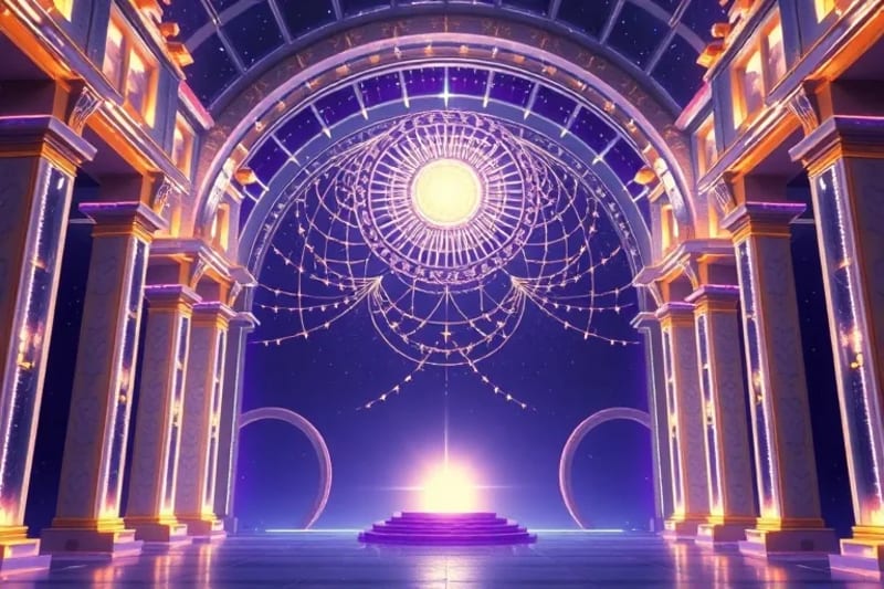 Representación 3D abstracta de una Corte Celestial con estructuras etéreas y luces convergentes, simbolizando la presencia divina y la intercesión.