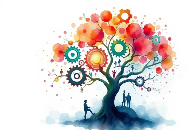 Watercolor painting of interconnected gears and human figures flowing into a blooming tree, symbolizing the integration of business, community, and sustainability.