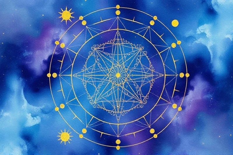 Abstract watercolor of blending blues, purples, and golds, with subtle astrological symbols emerging from the patterns.