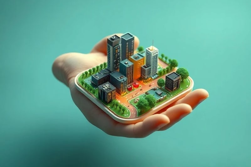 3D render of an eco-friendly miniature city built on a giant open hand, with glowing pathways connecting community centers and sustainable businesses, symbolizing support and gratitude.