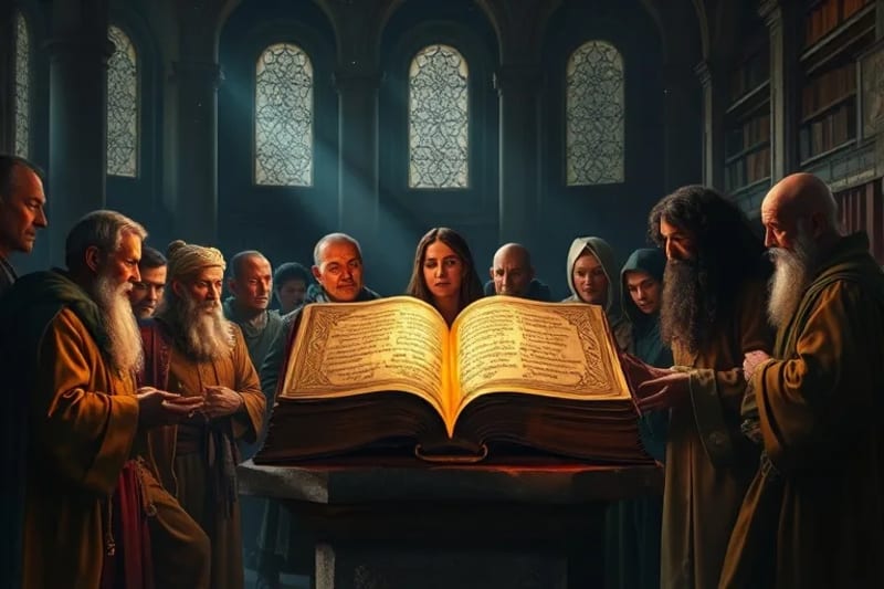Eruditos y místicos de diferentes épocas descifrando un antiguo manuscrito iluminado