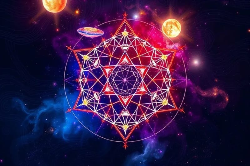 Abstract digital painting of a six-pointed star formed by glowing planets and cosmic lines