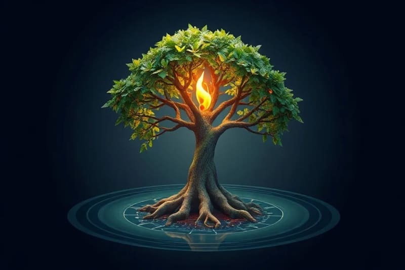 Stylized digital painting of a vibrant tree with roots in water and a controlled flame, symbolizing growth and dynamic energy in leadership.