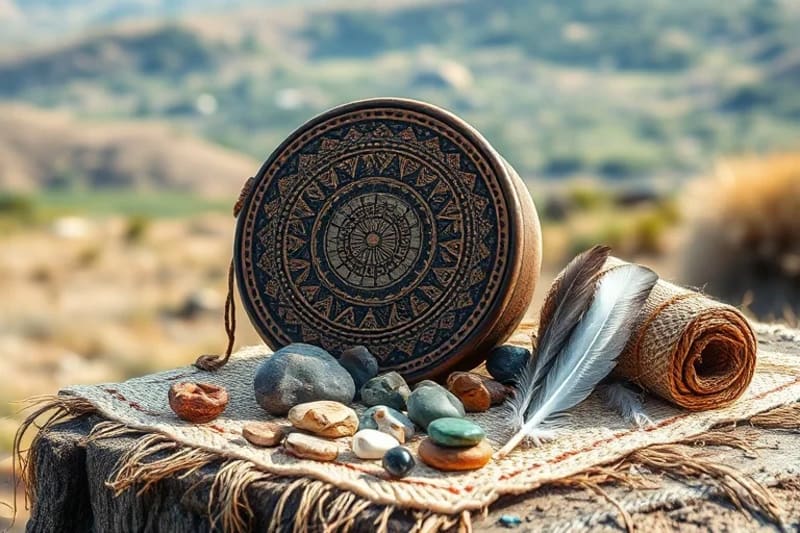 Tambor ceremonial indígena con patrones cósmicos y elementos naturales