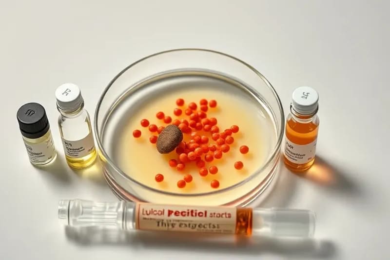 Herramientas de biohacking para la piel, incluyendo cultivos bacterianos, viales de suplementos y extractos botánicos, simbolizando la modulación científica del microbioma.