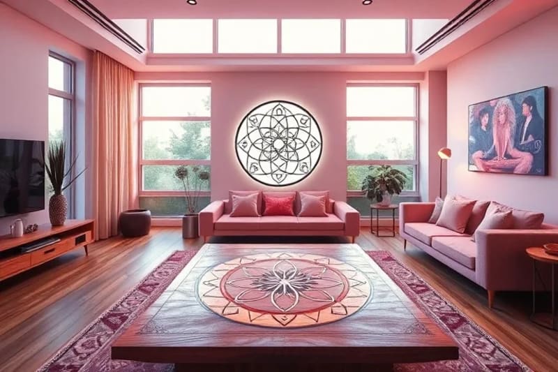 Sala de estar moderna con patrones de geometría sagrada y luz natural