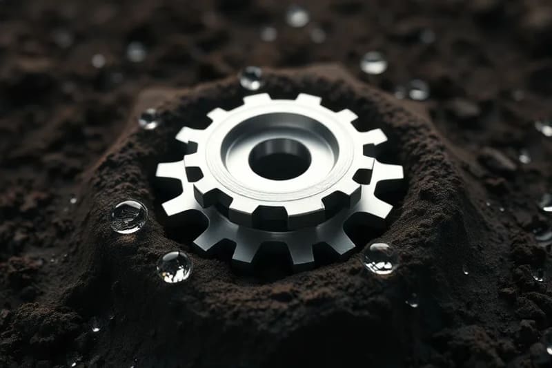 Conceptual 3D render of a polished metal gear embedded in fertile soil with water droplets, symbolizing stability, precision, and foundational strength in leadership.
