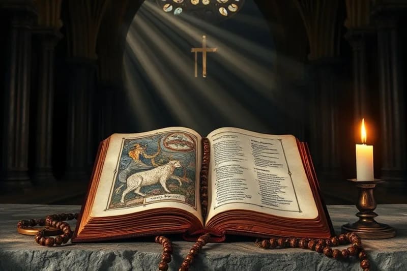 Biblia antigua abierta con rosario y vela, simbolizando la escatología cristiana