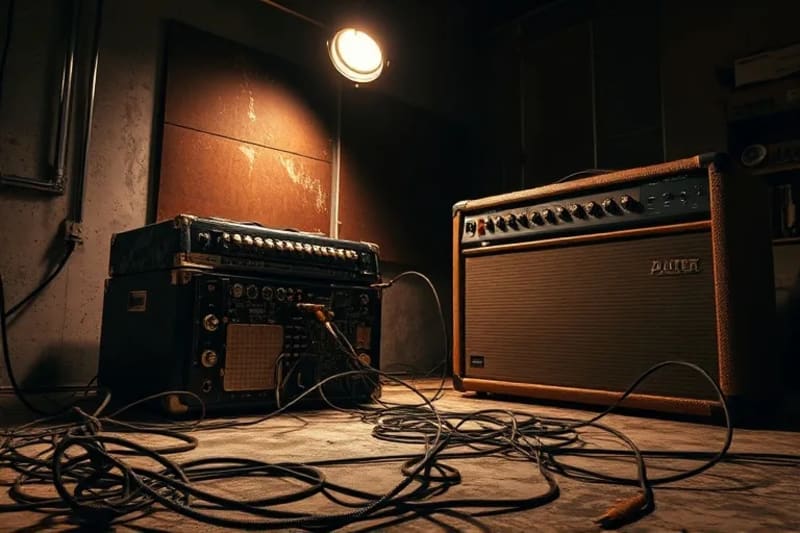 Una máquina de ritmos vintage y un amplificador de guitarra clásico en un estudio de grabación abandonado, simbolizando el entorno creativo y el legado musical.