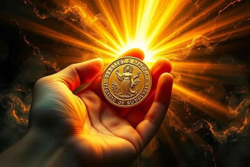 Primer plano de una mano sosteniendo una Medalla Milagrosa que irradia luz, disipando nieblas oscuras y caóticas.