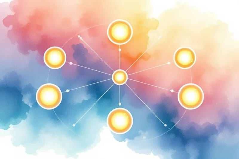 Abstract watercolor painting of seven glowing chakra orbs connected by energy