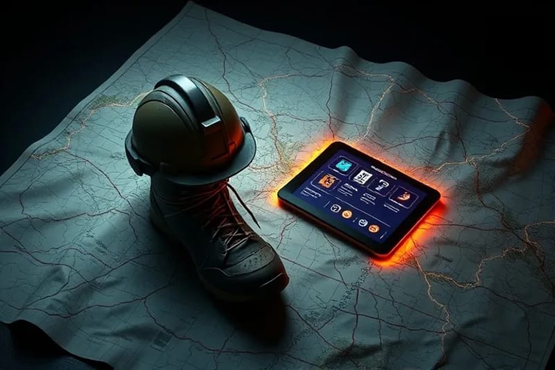 Casco de emergencia y botas sobre un mapa con proyecciones digitales de rutas seguras y recursos.