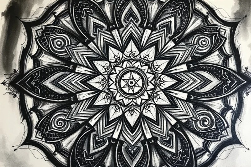 Mandala complejo de formas geométricas entrelazadas, representando el orden divino y la interconexión espiritual.
