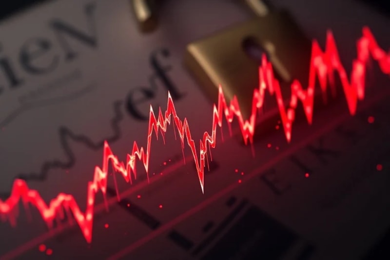 Gráfico financiero fracturado y un candado roto