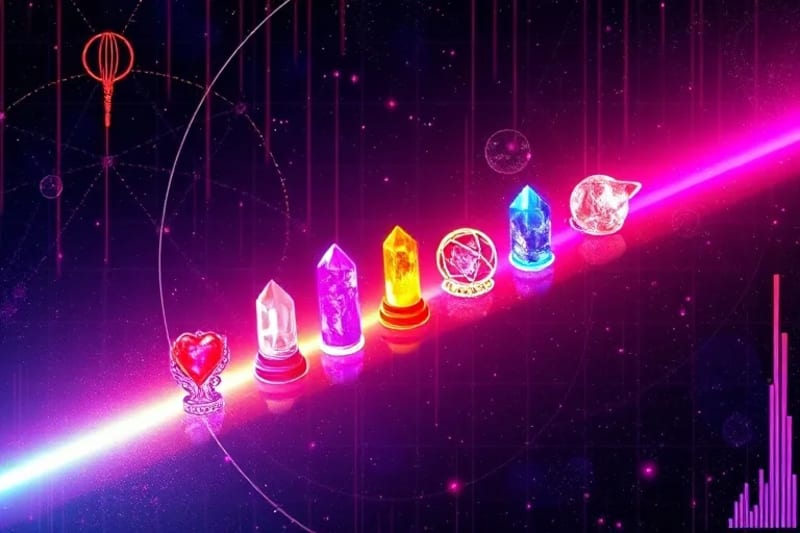 Ilustración digital de chakras alineados con cristales flotando