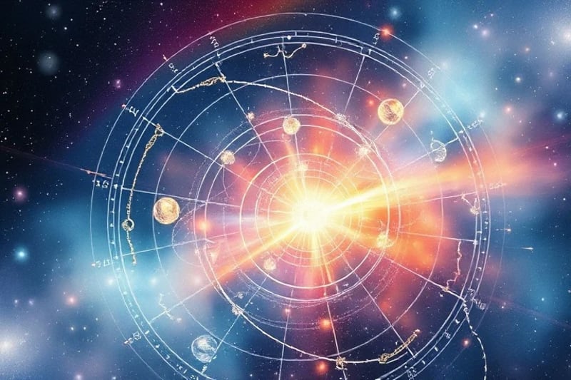 Acuarela abstracta de órbitas planetarias y aura humana con cristales