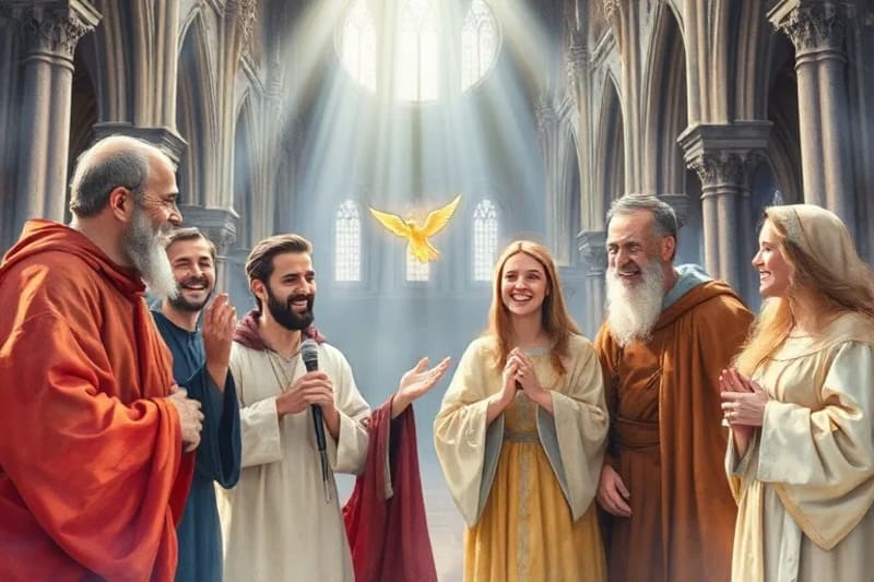 Grupo de santos riendo y compartiendo alegría.