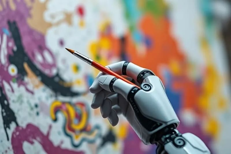 Bodegón conceptual de una mano robótica sosteniendo un pincel sobre un lienzo con patrones abstractos.