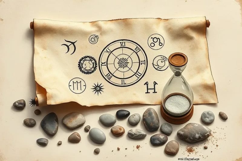 Ancient scroll unrolling with karmic symbols, river stones with astrological glyphs, and an hourglass.